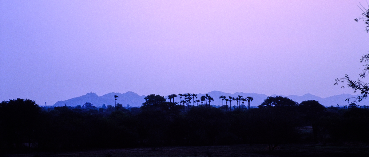 Backcover des Fotobuchs, Bild von Palmen vor Bergen am violetten Horizont in Myanmar